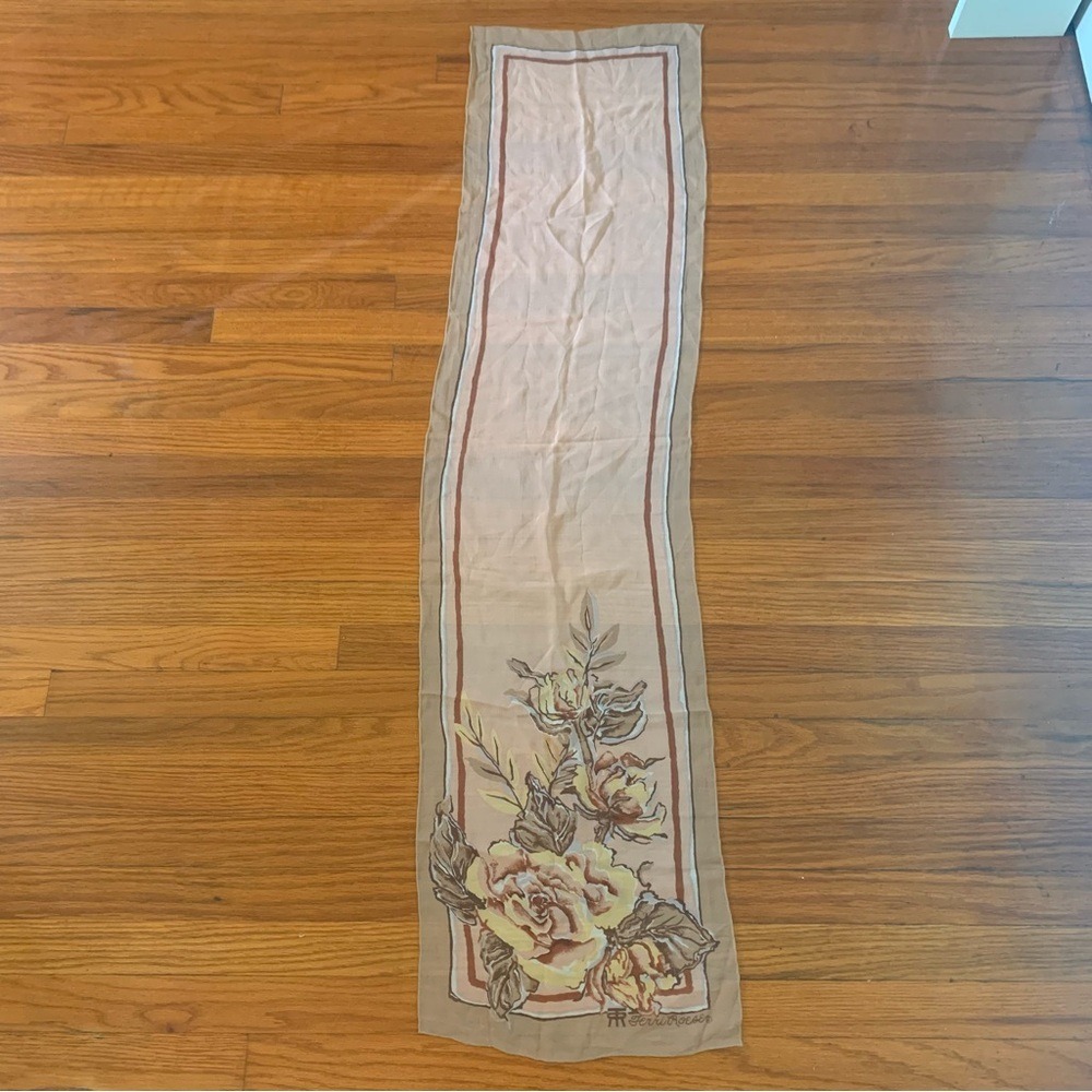Ferri Roese Scarf Womens OS Tan Brown Floral Rose Vintage Excellent Oblong Sheer